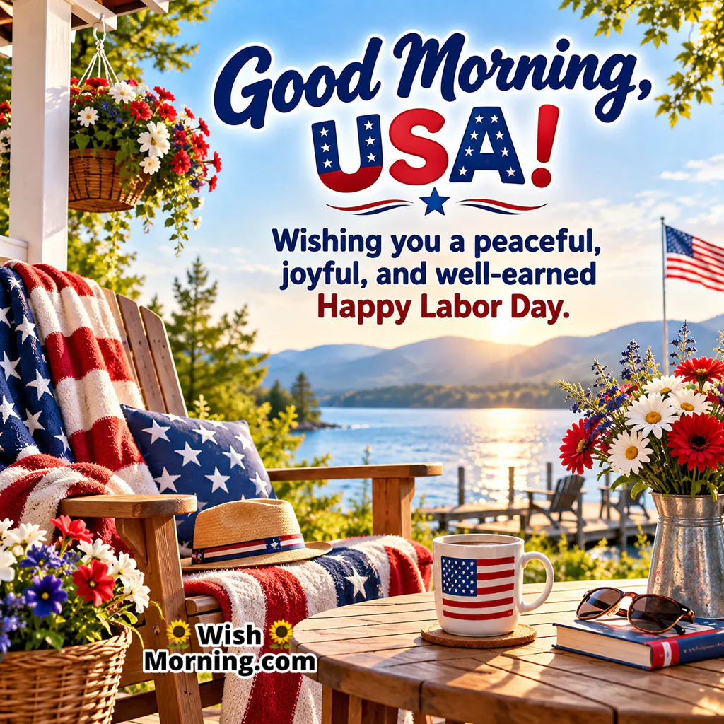 Good Morning Happy Labor Day Image featuring a patriotic chair, American flag, coffee mug, flowers and a peaceful mountain lake.