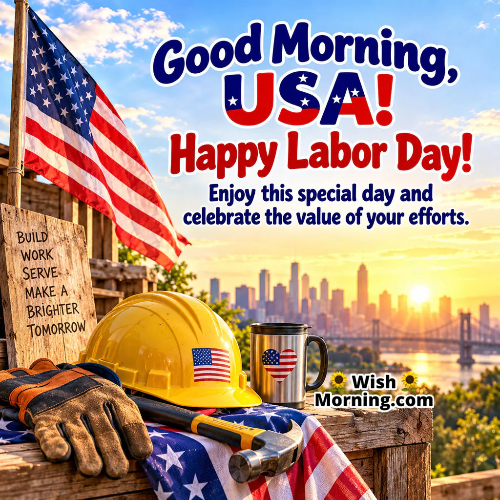 Good Morning Happy Labor Day Wishes featuring a yellow hard hat, work gloves, hammer, American flag and New York skyline.