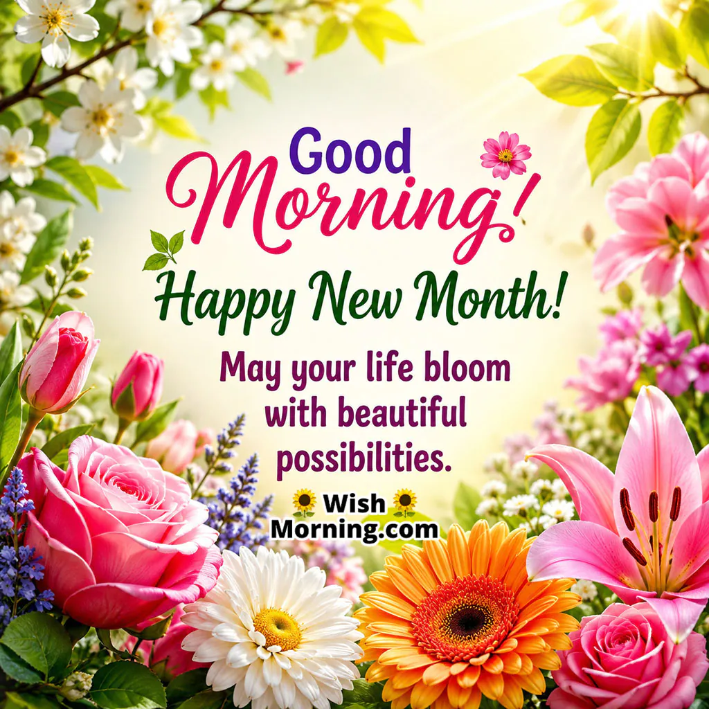 Good Morning Happy New Month Flower Image featuring roses, lilies, daisies and other colourful flowers in a bright morning setting.