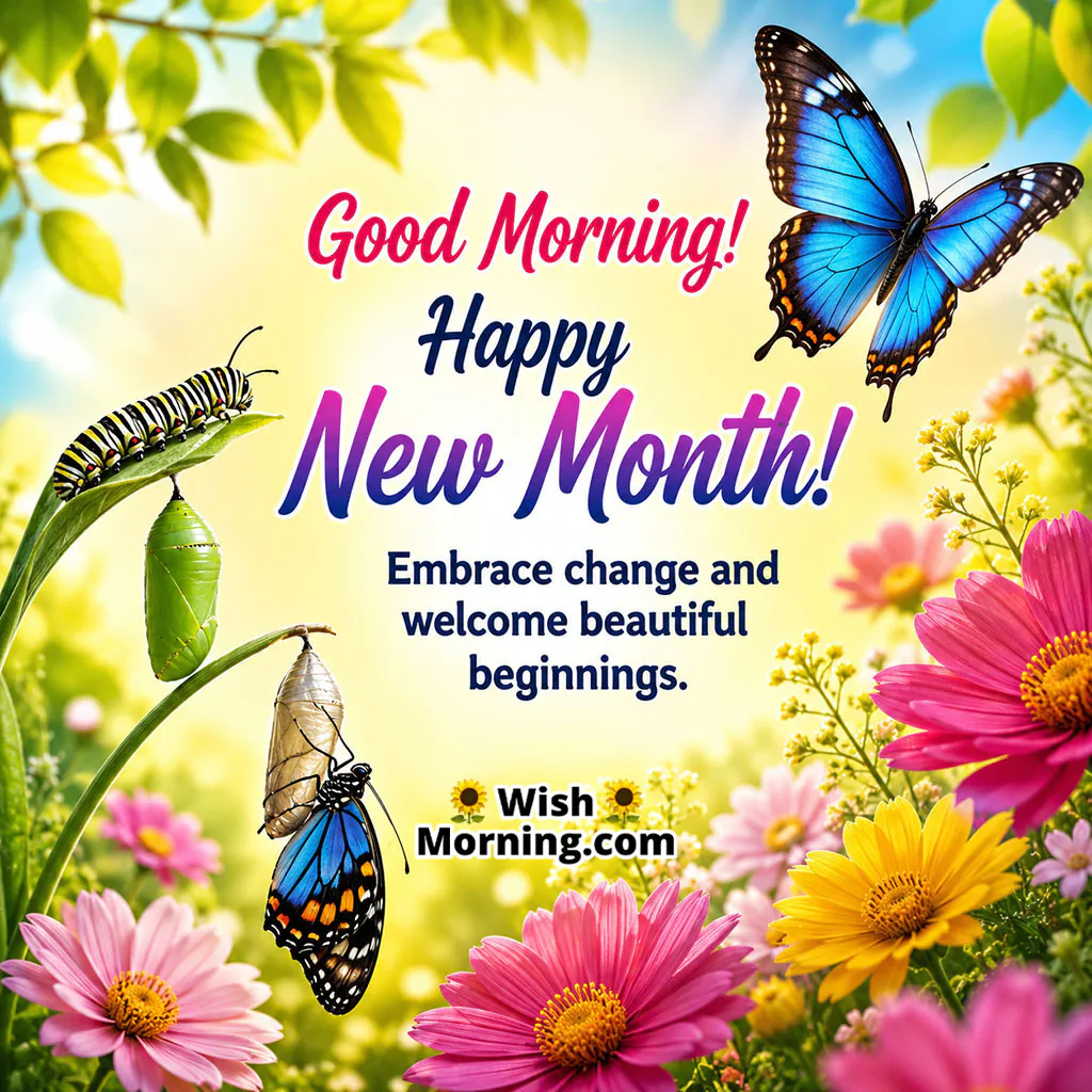 Good Morning Happy New Month Butterfly Transformation Image featuring a blue butterfly, caterpillar and chrysalis surrounded by colourful flowers.