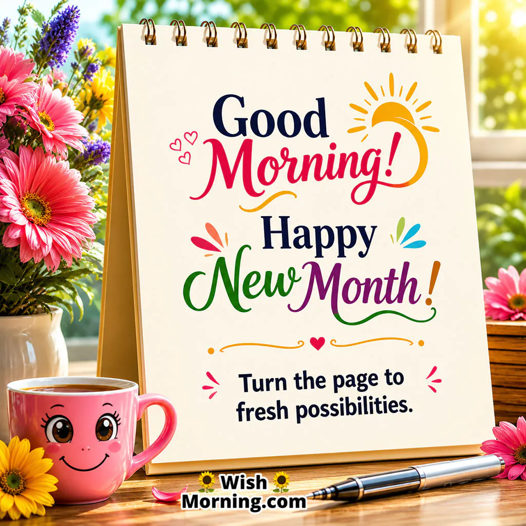 Good Morning Happy New Month Fresh Calendar Page Image featuring a new calendar page, colourful flowers and a cheerful coffee cup in a bright morning setting.