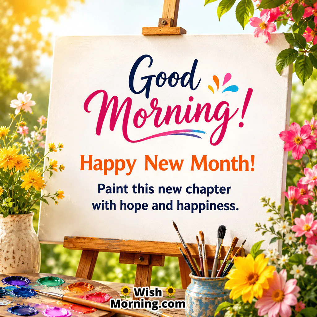 Good Morning Happy New Month Fresh Canvas Image featuring a blank canvas, colourful paints, paintbrushes and flowers in a sunny garden.