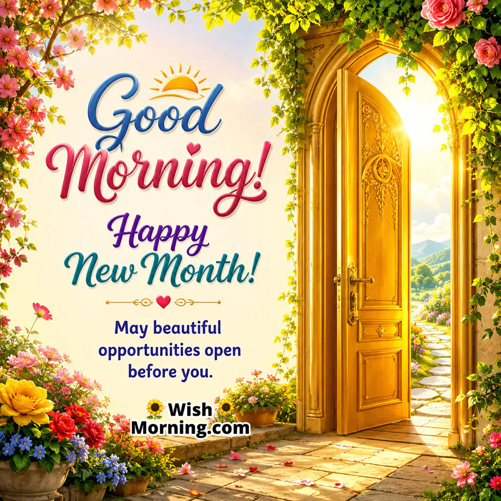Good Morning Happy New Month Golden Door of Opportunities Image featuring an open golden door surrounded by colourful flowers and a beautiful landscape.