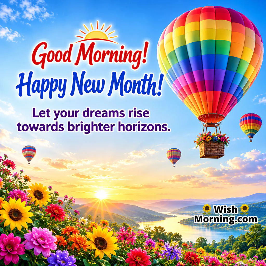 Good Morning Happy New Month Hot Air Balloon Image featuring colourful hot-air balloons rising above a scenic valley filled with flowers at sunrise.