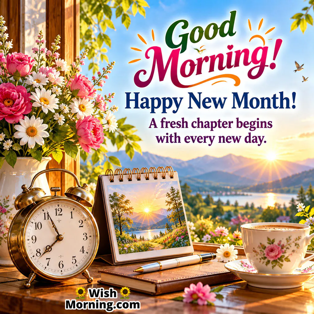 Good Morning Happy New Month Image featuring a fresh calendar, alarm clock, flowers, coffee cup, and sunrise landscape symbolizing a new beginning.