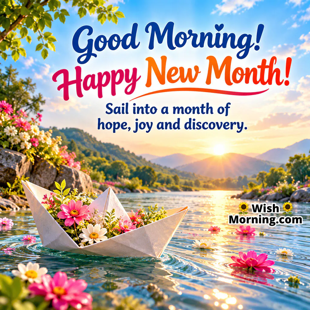 Good Morning Happy New Month Images featuring a paper boat filled with flowers floating on a peaceful river, surrounded by mountains and blooming flowers, symbolising hope, joy, and a journey into a new month.