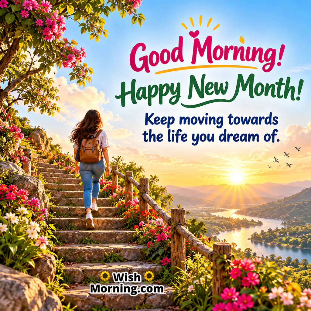 Good Morning Happy New Month Motivation Image featuring a woman walking up flower-lined steps toward a bright sunrise and mountain landscape, symbolising progress, determination, and moving toward dreams.