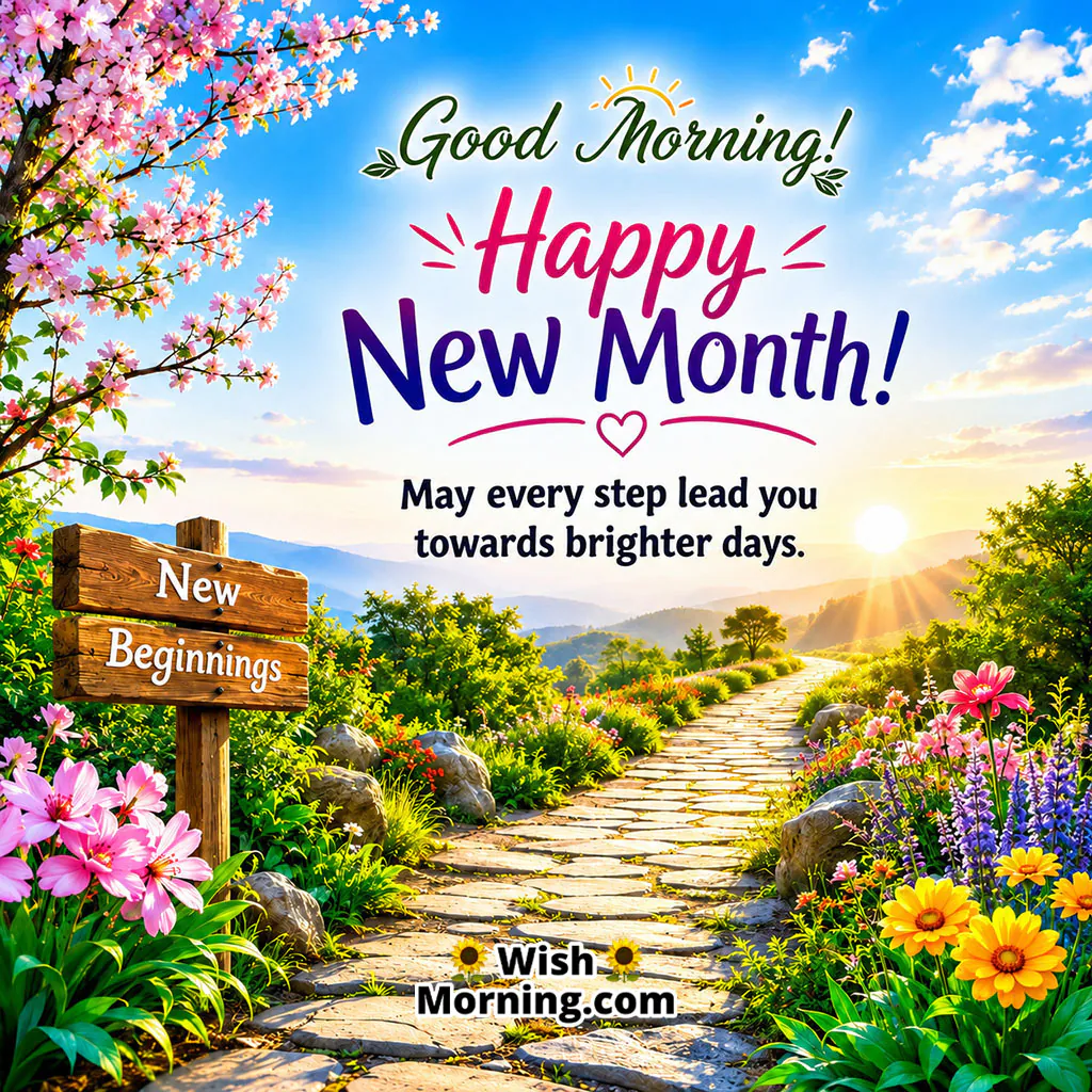 Good Morning Happy New Month Path of New Beginnings Image featuring a flower-lined pathway leading through a scenic landscape towards a bright sunrise.