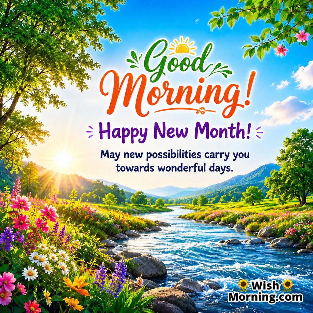 Good Morning Happy New Month River of Possibilities Image featuring a sparkling river flowing through a green valley filled with colourful flowers.