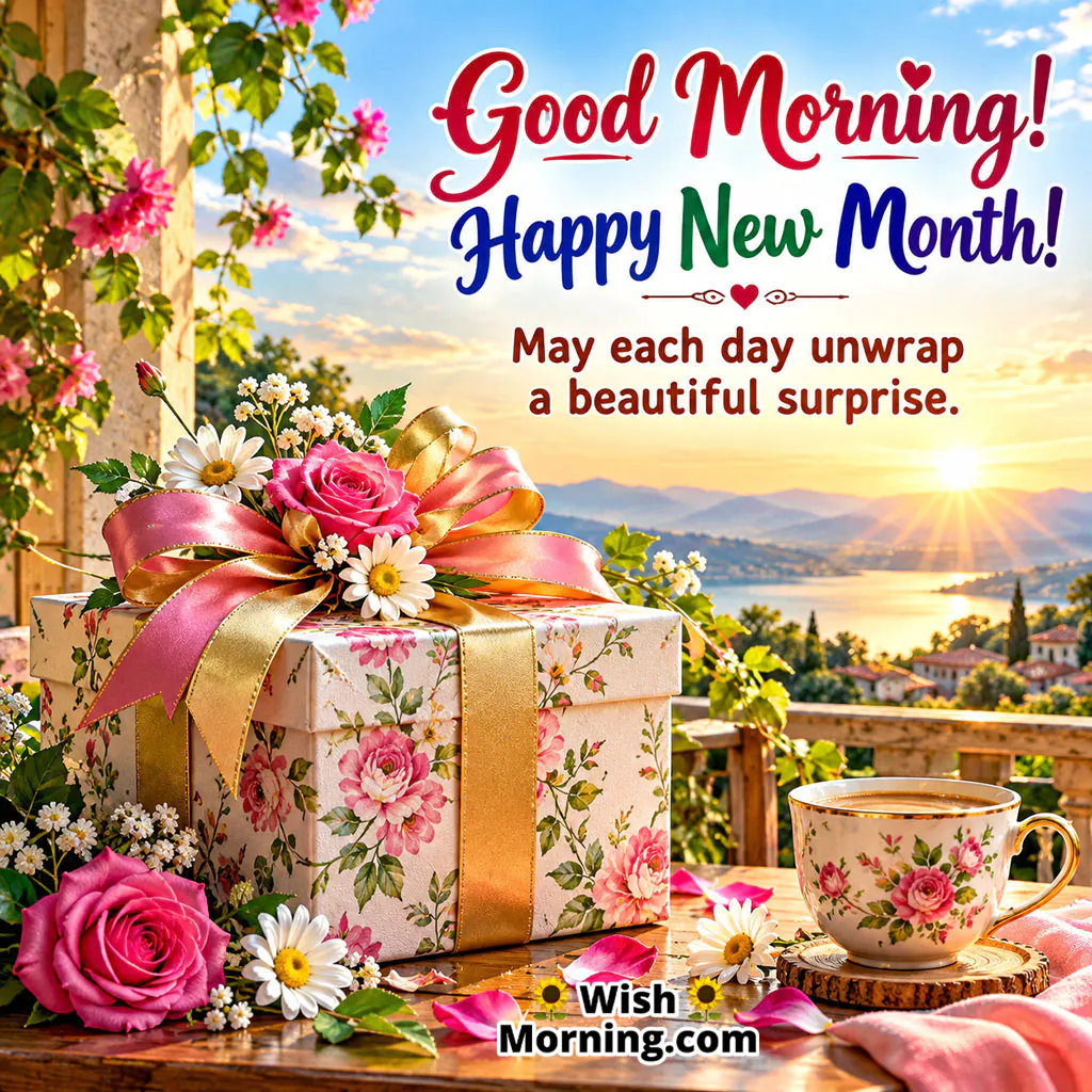 Good Morning Happy New Month Surprise Image featuring a beautifully wrapped floral gift box, roses, daisies, and a coffee cup overlooking a sunny landscape, symbolising unexpected blessings, beautiful moments, and new possibilities.