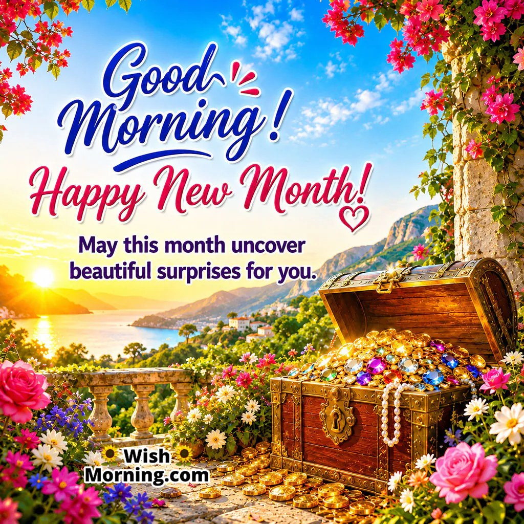 Good Morning Happy New Month Treasure Chest Image featuring an open treasure chest filled with gold and jewels in a colourful flower-filled landscape.