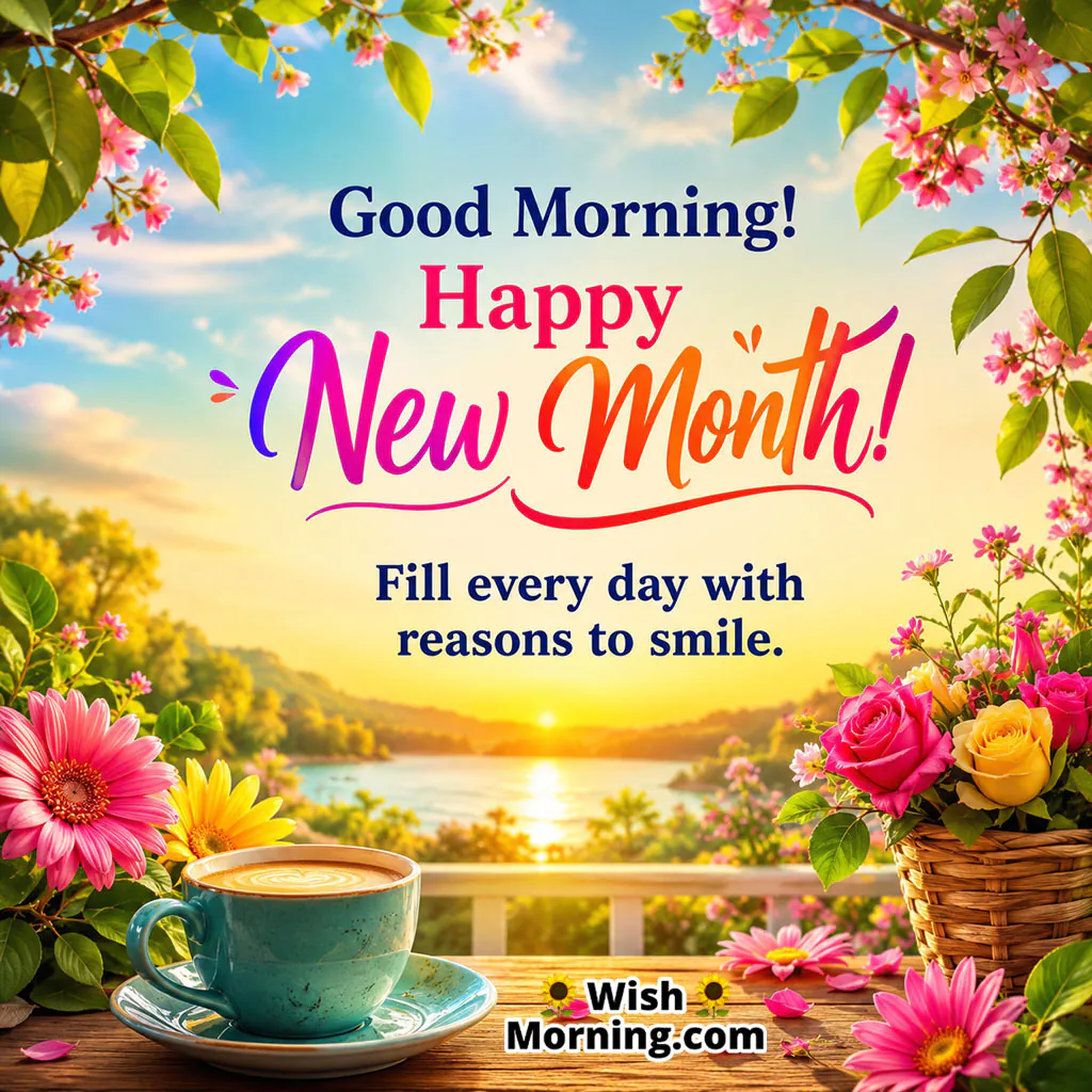Good Morning Happy New Month Happiness Image featuring a peaceful lakeside sunrise, colourful flowers and a warm cup of coffee.