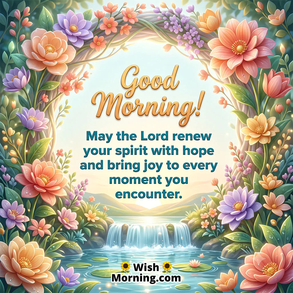 Good Morning Hope and Joy Image featuring colorful flowers, a flowing waterfall, a peaceful pond, and a bright garden setting, symbolizing renewed hope, joy, and spiritual refreshment.