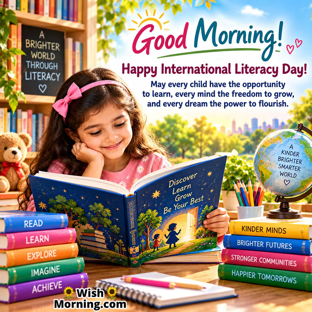Good Morning International Literacy Day Image for Kids featuring a young girl reading a colorful book surrounded by books, a globe, and school supplies.