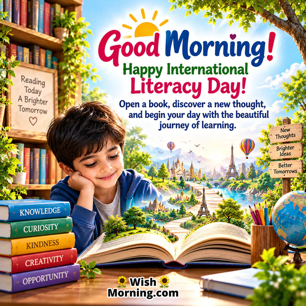Good Morning International Literacy Day Reading Image featuring a young boy reading beside an open book, colorful books, a globe, and a bright learning landscape.