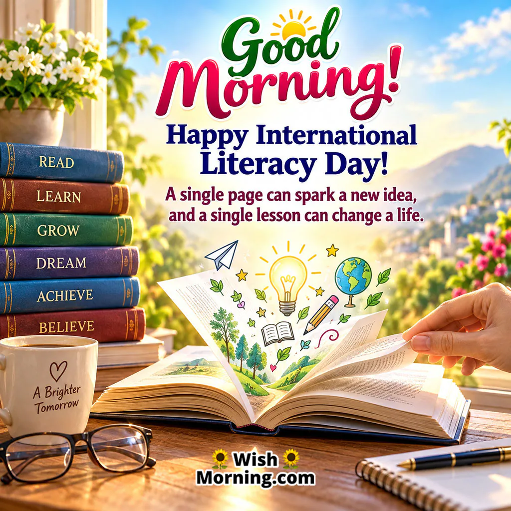 Good Morning International Literacy Day Wish Image featuring an open book with illustrated ideas, a glowing light bulb, globe, pencil, and colorful learning symbols.