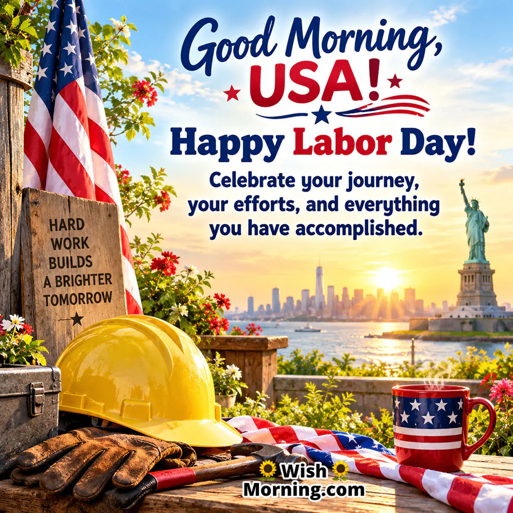 Good Morning Labor Day Inspirational Image featuring a yellow hard hat, work gloves, hammer, American flag and New York waterfront.