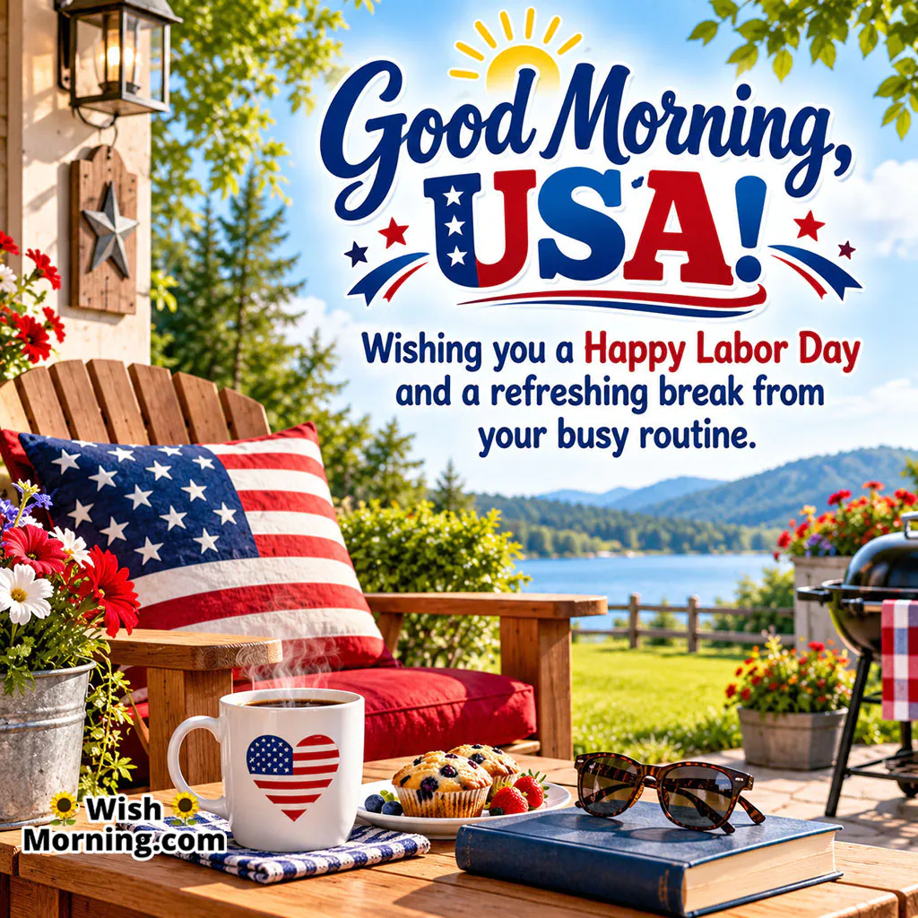 Good Morning Labor Day Relaxation Image featuring a patriotic chair, coffee, muffin, sunglasses, American flag and lake scenery.