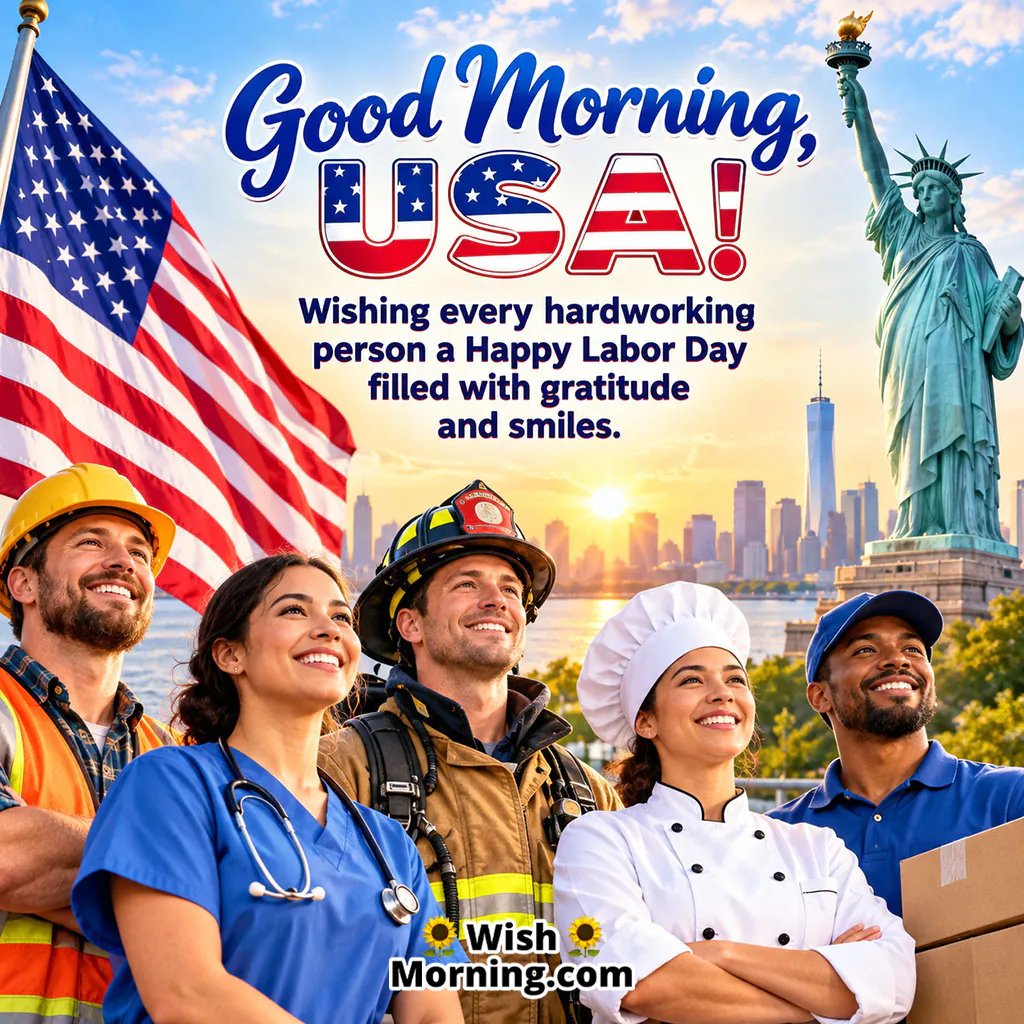 Good Morning Labor Day Workers Image featuring workers from different professions, an American flag and the Statue of Liberty.