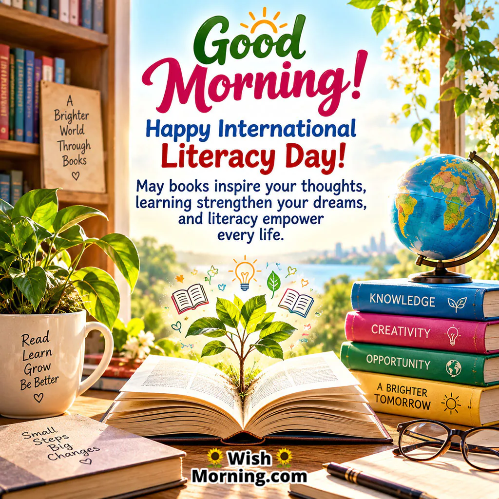 Good Morning Literacy Day Inspirational Image featuring an open book with a growing plant, globe, stacked books, and a bright learning-themed setting.