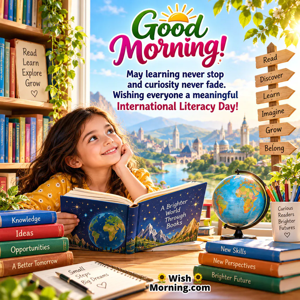 Good Morning Literacy Day Inspirational Wish Image featuring a smiling girl reading an illustrated book beside colorful books, a globe, and a sunny cityscape.