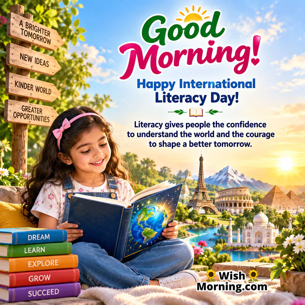 Good Morning Literacy Day Knowledge Image featuring an open book surrounded by colorful books, a globe, and world landmarks, symbolizing learning and knowledge.