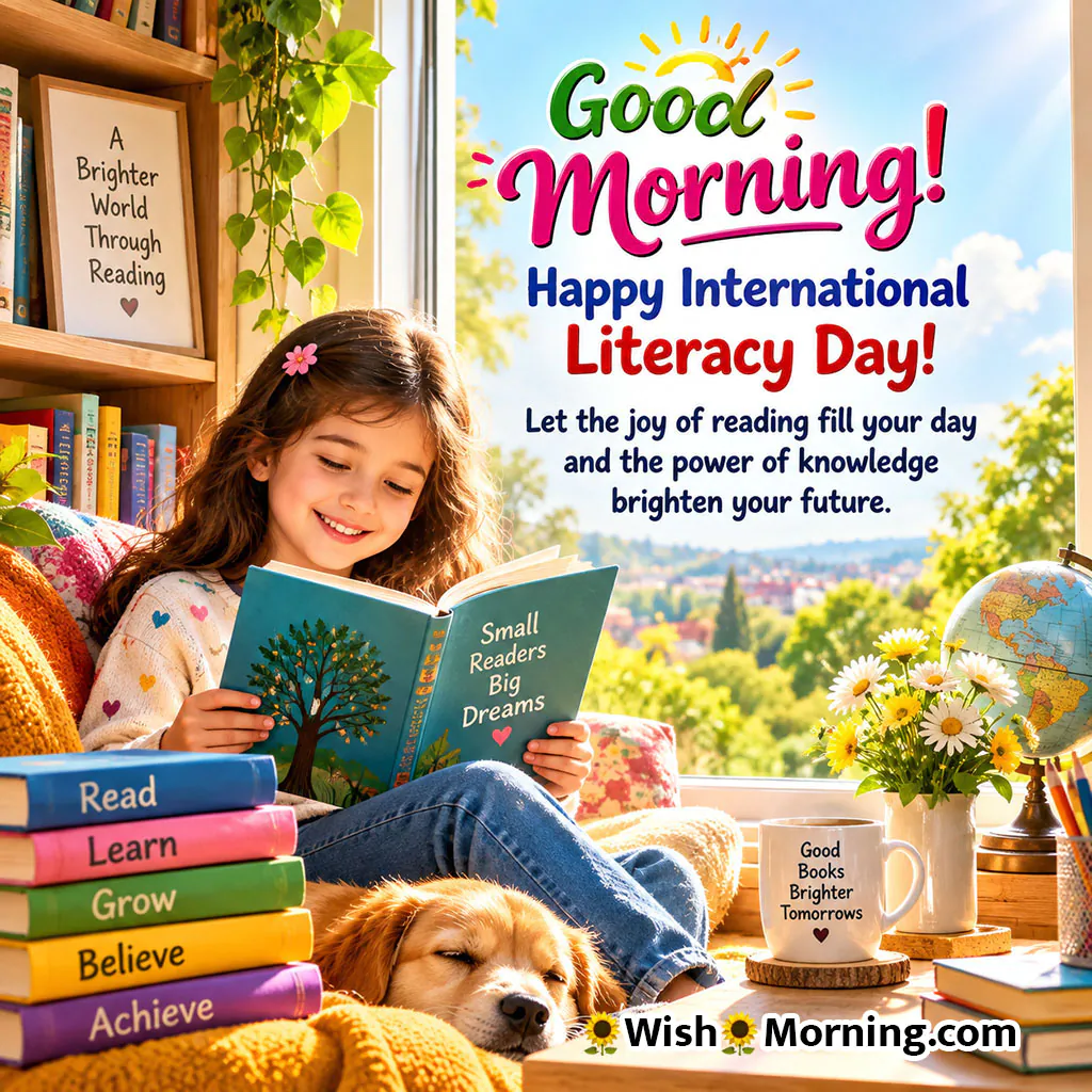 Good Morning Literacy Day Reading Image featuring a smiling girl reading a book beside colorful books, flowers, and a bright window view.