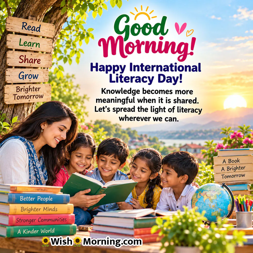 Good Morning Literacy Day Teacher Image featuring a teacher reading a book with four children outdoors, surrounded by colorful books, a globe, and warm morning scenery.