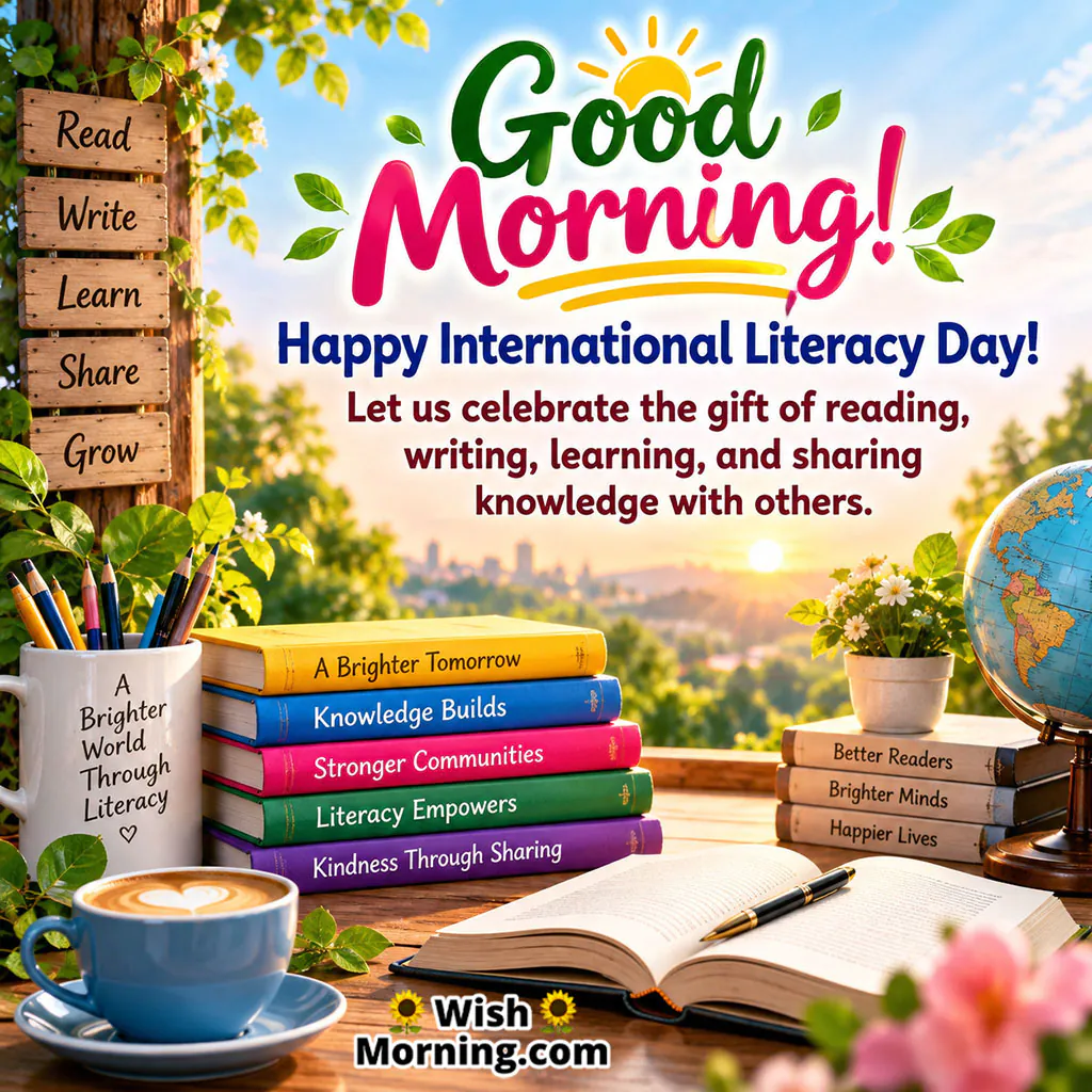 Good Morning Literacy Day Wishes Image featuring books, an open book, a globe, coffee cup, pencils, and a peaceful outdoor reading setting.