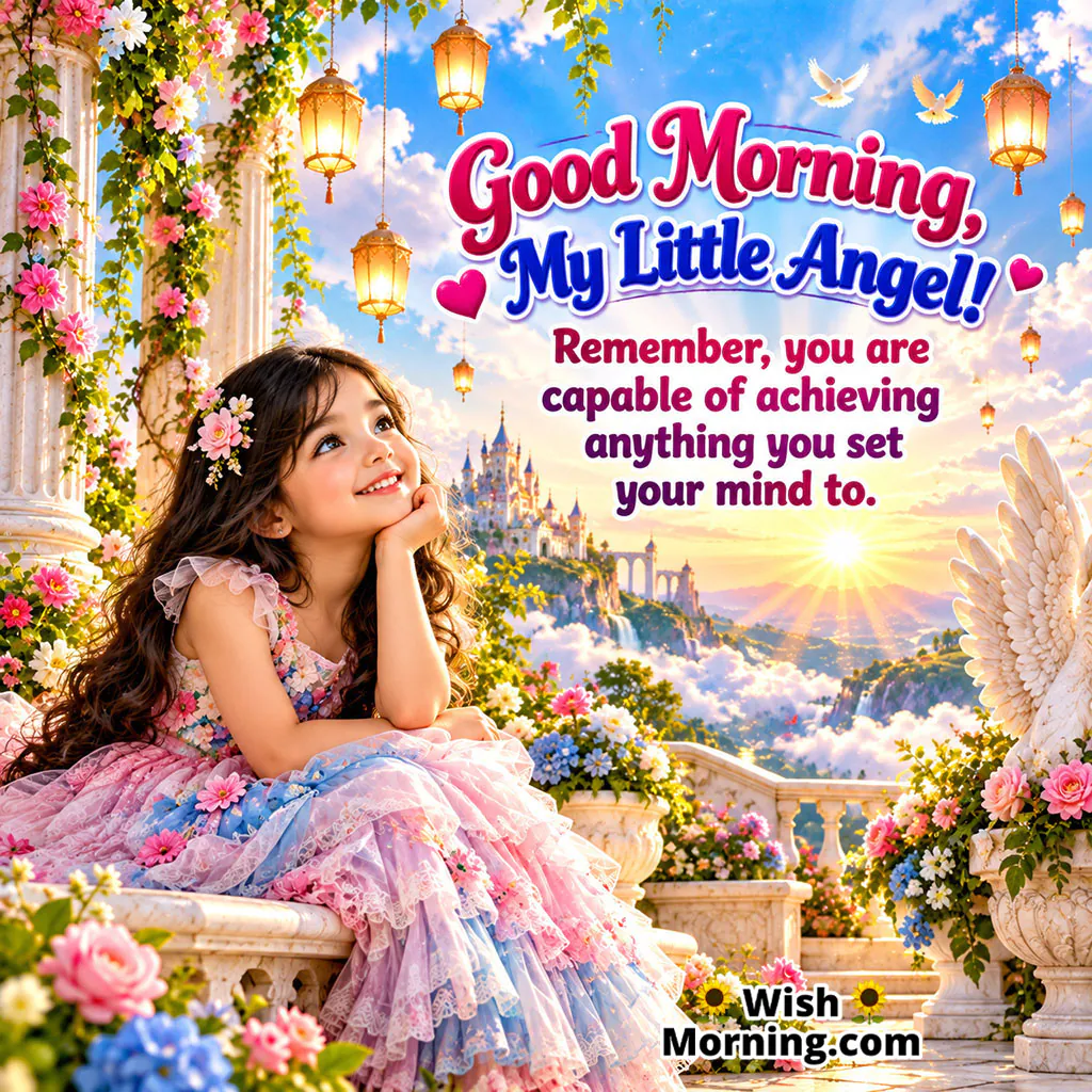 Good Morning Little Angel Image featuring a smiling girl in a colorful dress surrounded by flowers, lanterns, butterflies, and a magical castle, symbolizing innocence, dreams, and endless possibilities.