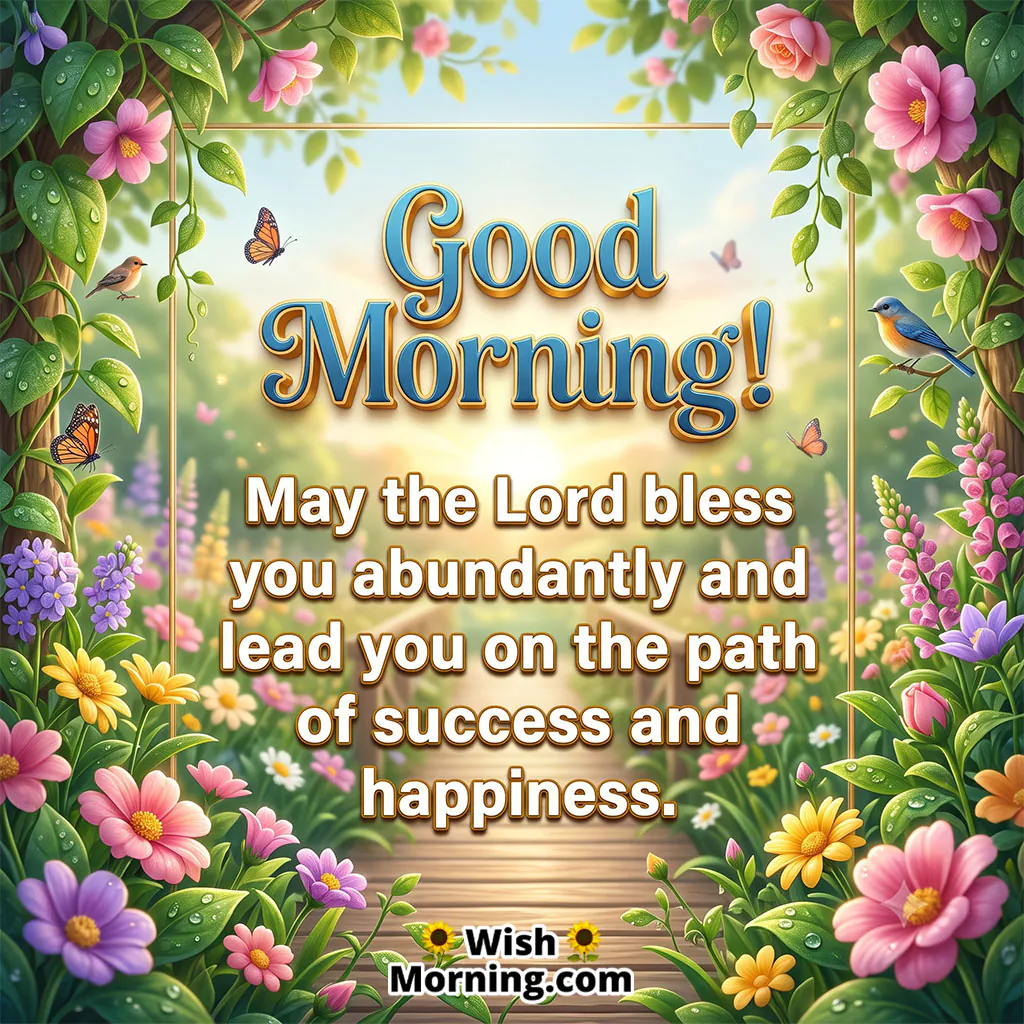 Good Morning Lord Blessings Image featuring a beautiful flower garden, butterflies, birds, and a sunlit pathway, symbolizing God’s guidance, success, happiness, and abundant blessings.