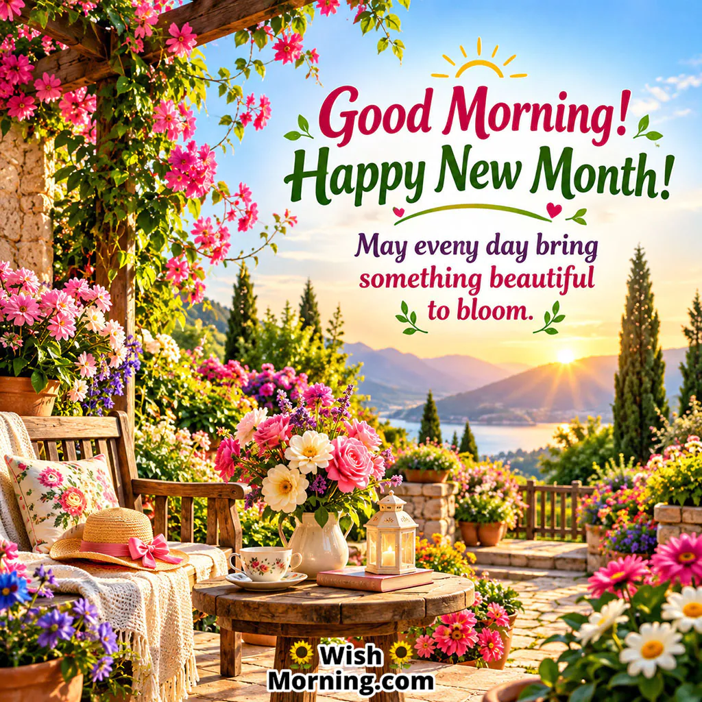 Good Morning New Month Wishes Image featuring a colorful flower garden, cozy outdoor seating, lantern, and sunrise scenery, symbolising beauty, growth, and hopeful new beginnings.