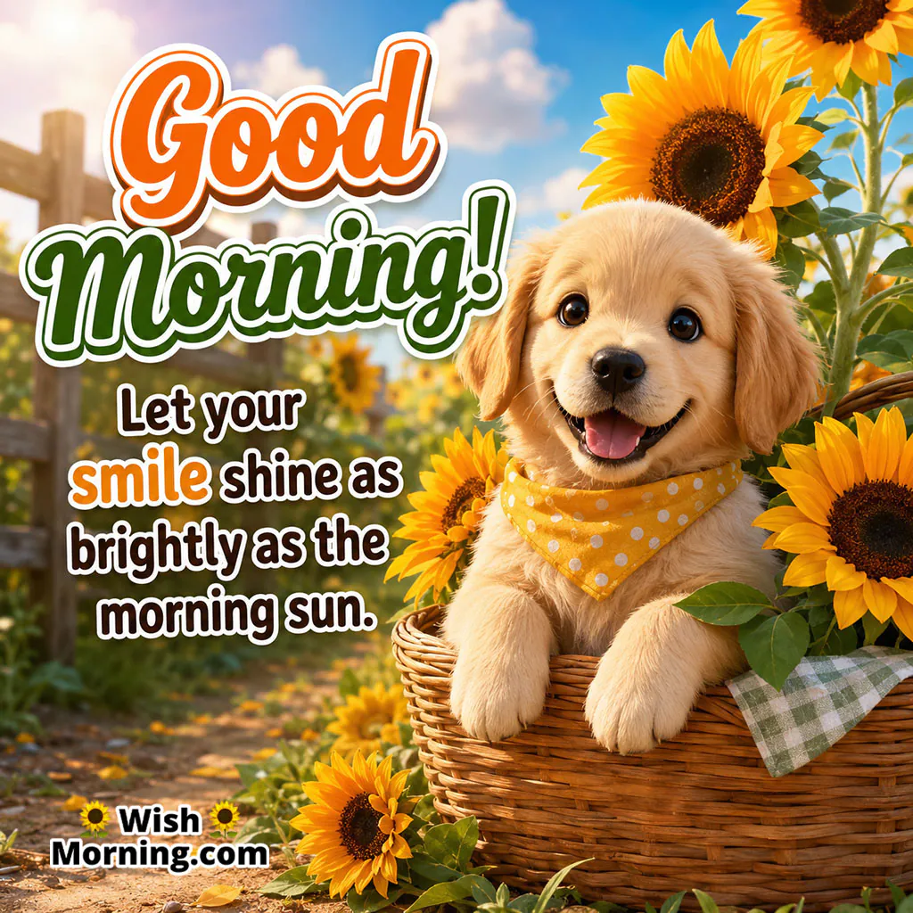 Good Morning Puppy Image featuring a playful puppy sitting among bright yellow sunflowers in fresh morning sunshine.