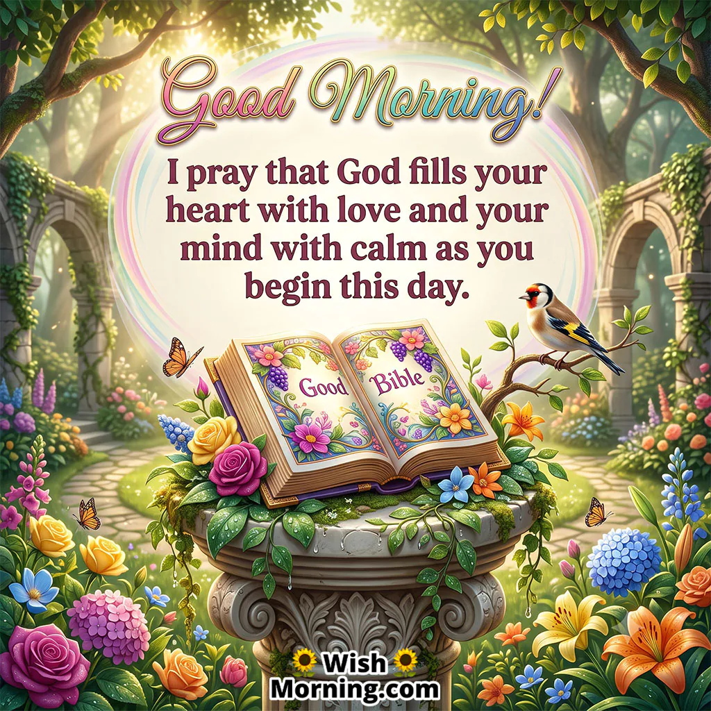 Good Morning Prayer for Peace Image featuring an open Bible, colorful flowers, butterflies, and a serene garden setting, symbolizing God’s love, inner calm, faith, and peaceful beginnings.