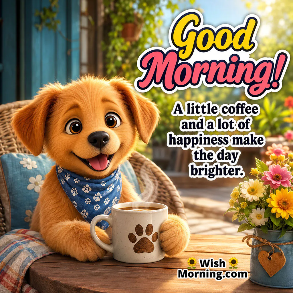 Good Morning Puppy Coffee Image featuring a cute puppy sitting beside a steaming coffee cup on a cozy breakfast table.