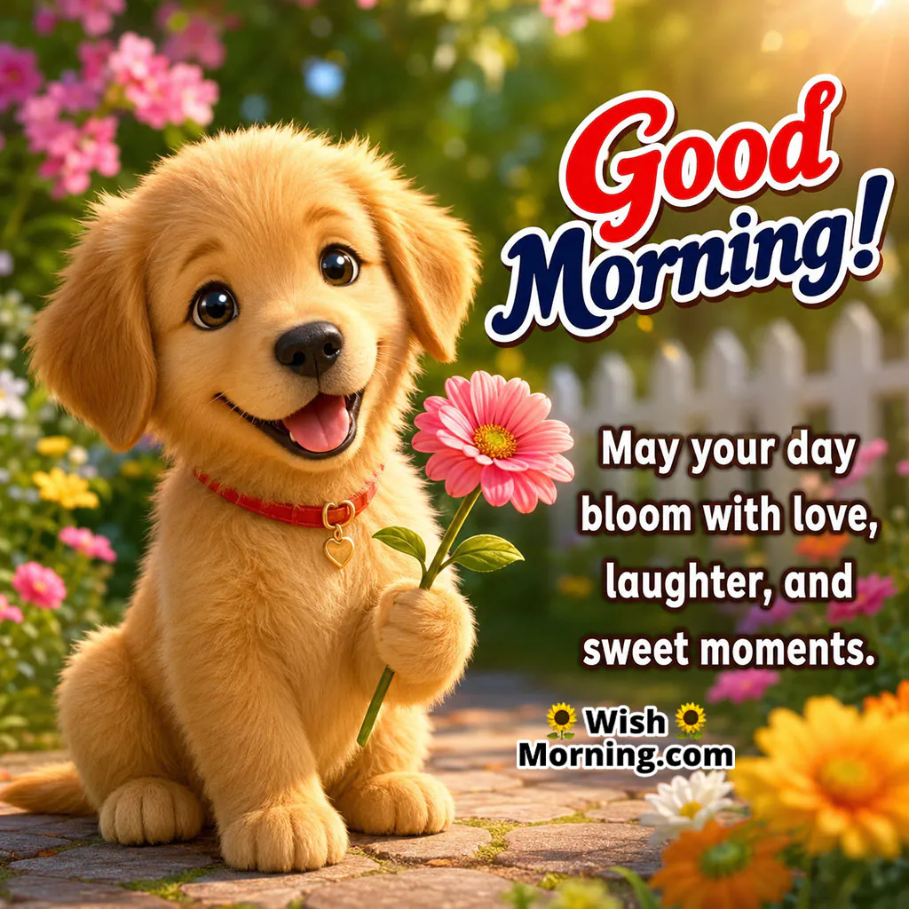 Good Morning Puppy Flower Image featuring an adorable puppy gently holding a colorful flower in its mouth in a bright garden.
