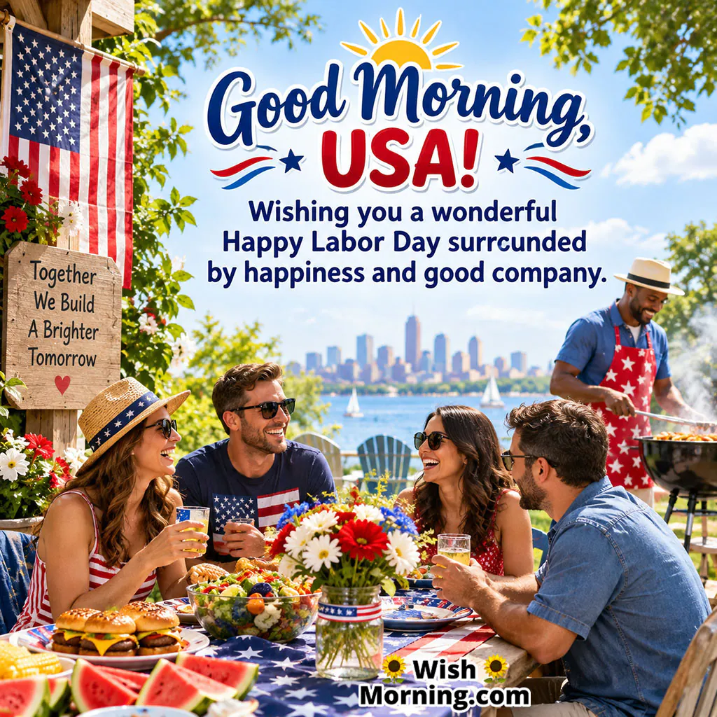 Good Morning Usa Labor Day Celebration Image featuring friends enjoying an outdoor gathering with patriotic decorations, food, flowers and a lakeside view.