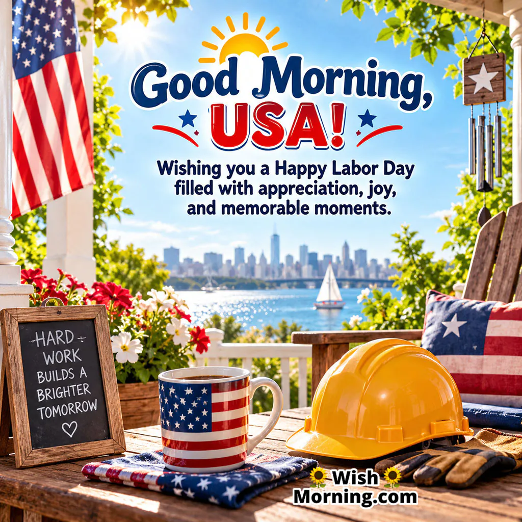 Good Morning Usa Labor Day Image featuring a yellow hard hat, work gloves, patriotic coffee mug and a waterfront morning setting.