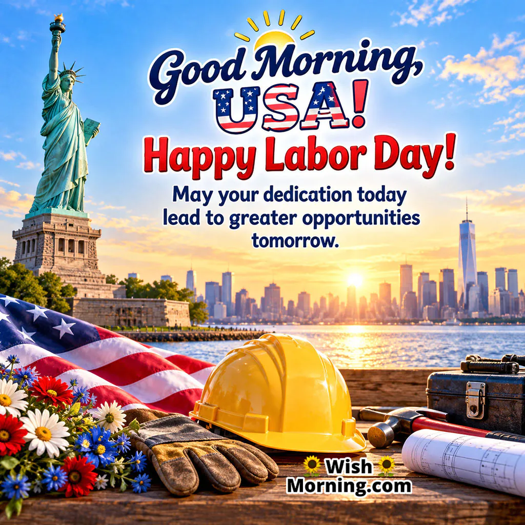 Good Morning Usa Labor Day Message Image featuring a yellow hard hat, work gloves, construction tools, American flag and Statue of Liberty.