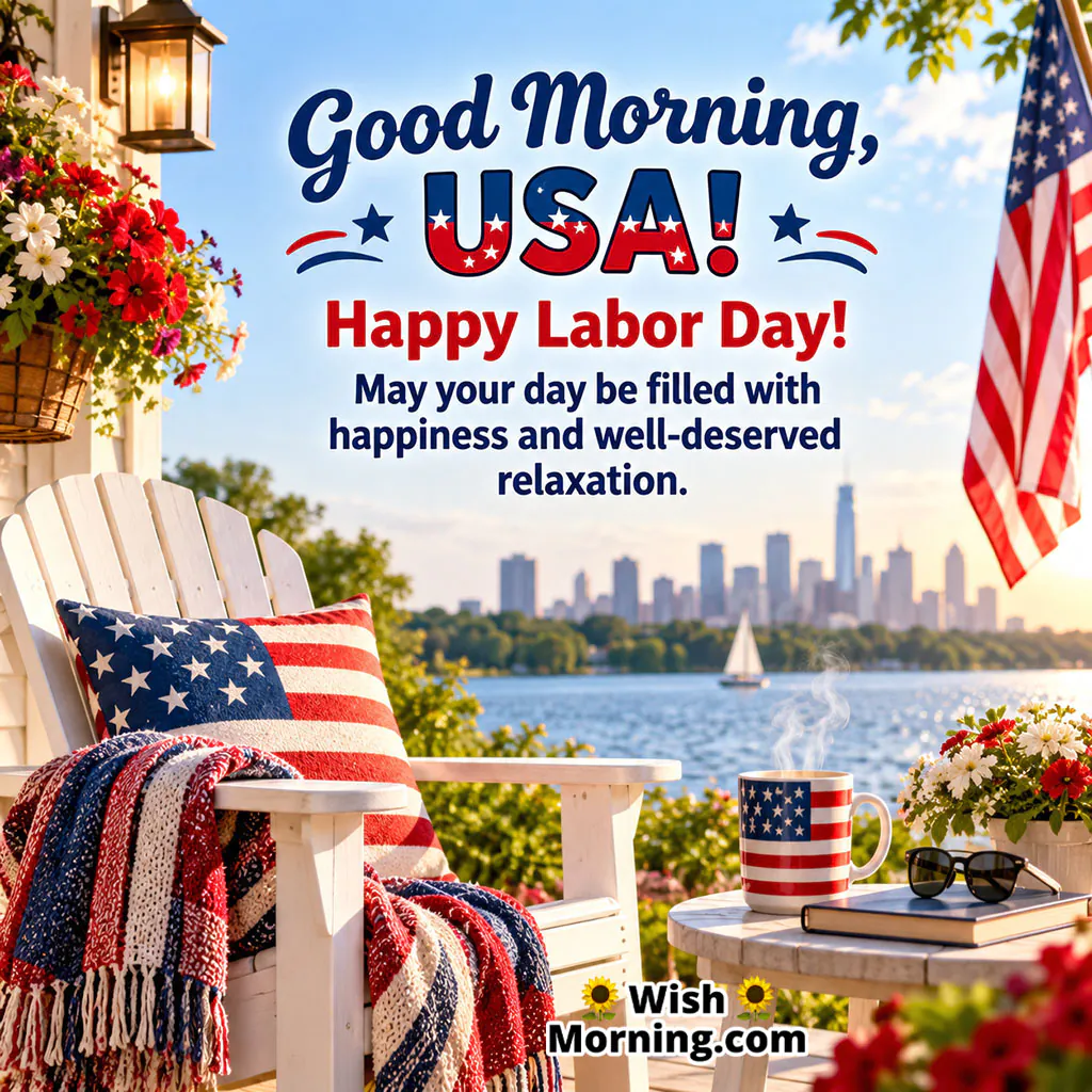 Good Morning USA Labor Day Relaxation Image featuring an American flag, Adirondack chairs, patriotic cushions, coffee and a peaceful waterfront view.