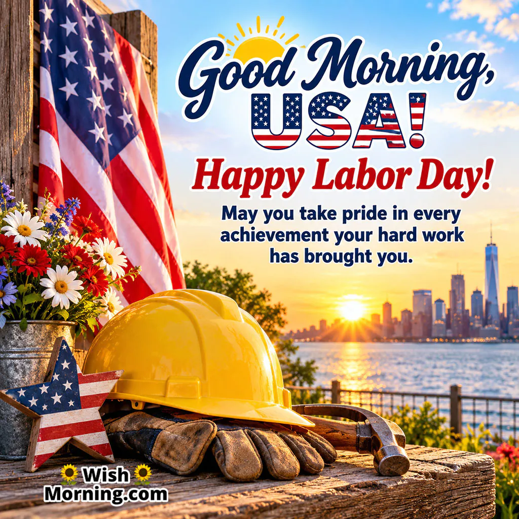 Good Morning Usa Labor Day Wish Image featuring a yellow hard hat, work gloves, hammer, American flag and sunrise waterfront.