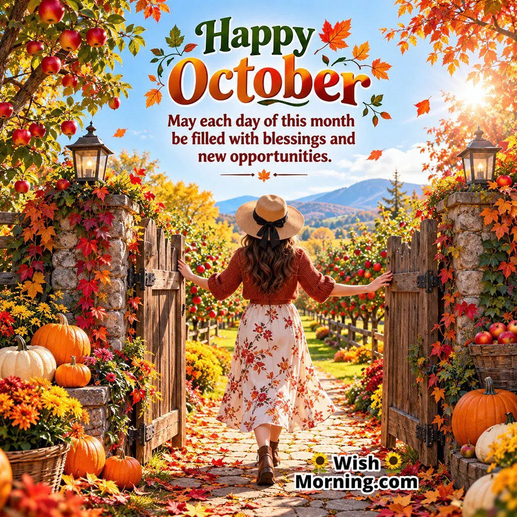 Happy October Blessings Image featuring a woman opening a garden gate surrounded by pumpkins, apples, lanterns, autumn flowers, and colorful fall leaves.