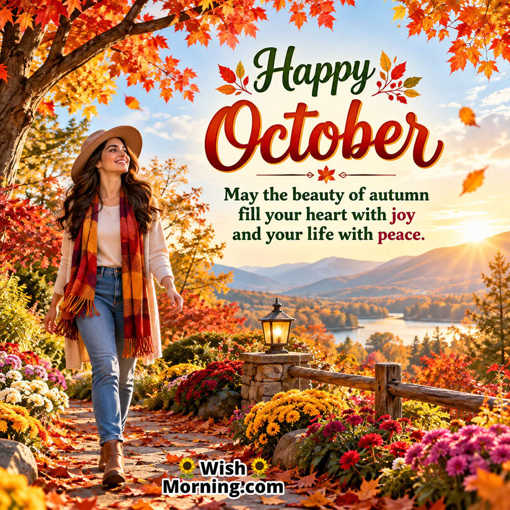 Happy October Image featuring a woman walking through a colorful autumn garden with falling leaves, flowers, a mountain lake, and a warm seasonal landscape.