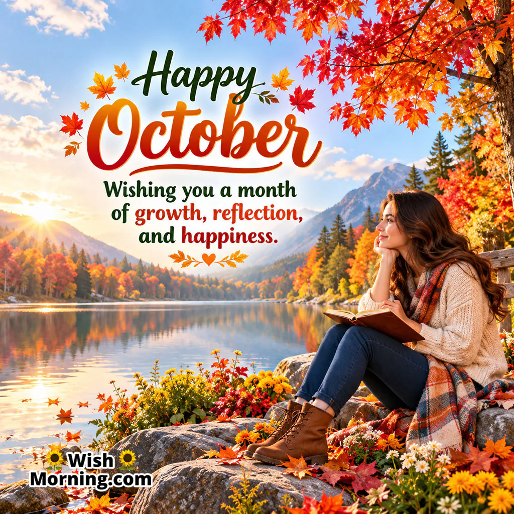 Happy October Inspirational Image featuring a woman reading beside a peaceful autumn lake surrounded by colorful trees, flowers, and mountain scenery.