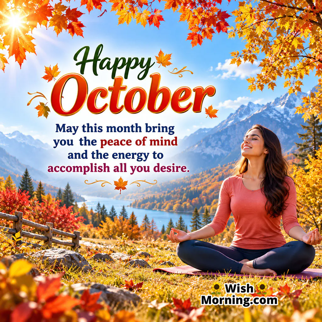 Happy October Motivation Image featuring a woman meditating in an autumn mountain landscape with colorful leaves, a peaceful lake, and bright seasonal scenery.