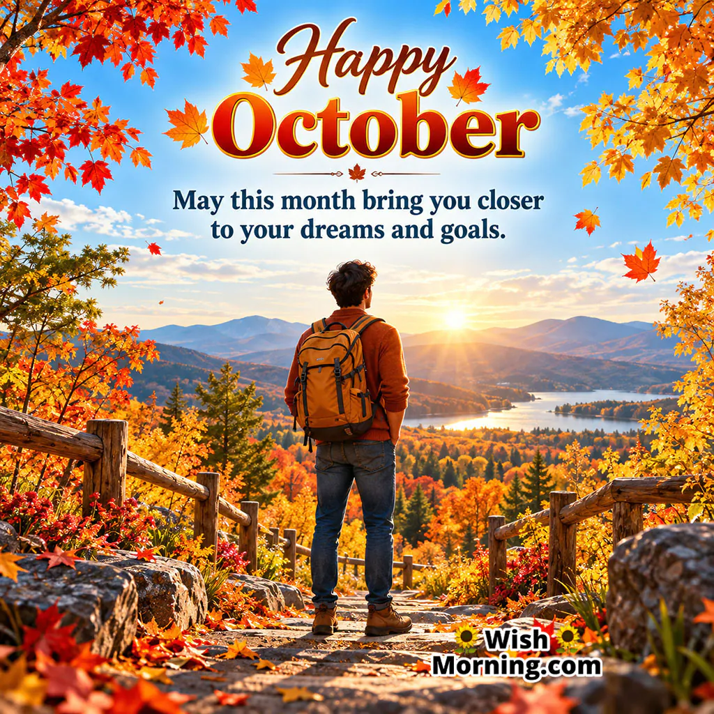 Happy October Wishes Image featuring a man with a backpack standing on an autumn mountain trail overlooking a scenic lake and colorful fall foliage.