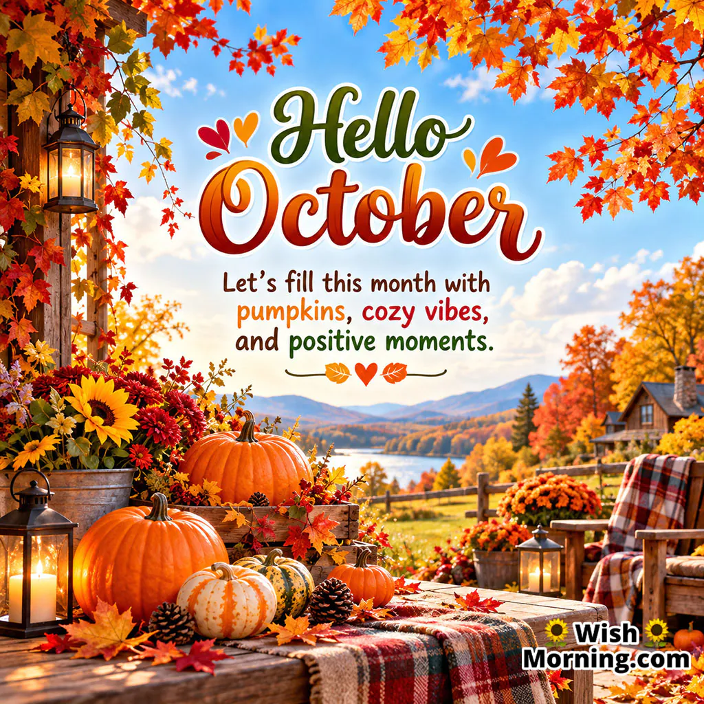 Hello October Autumn Image featuring pumpkins, sunflowers, maple leaves, lanterns, a cozy outdoor setting, and a peaceful autumn countryside view.