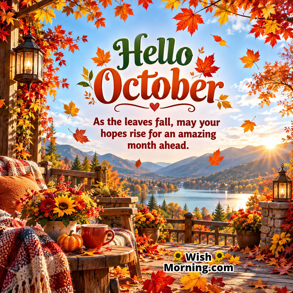 Hello October Fall Image featuring colorful maple leaves, autumn flowers, lanterns, pumpkins, a warm blanket, and a peaceful lake surrounded by fall mountains.