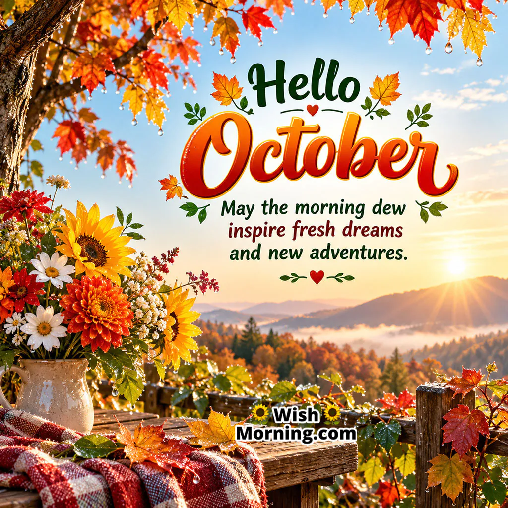 Hello October Image featuring colorful autumn leaves, blooming flowers, a mountain landscape, and sunrise scenery with a warm seasonal atmosphere.
