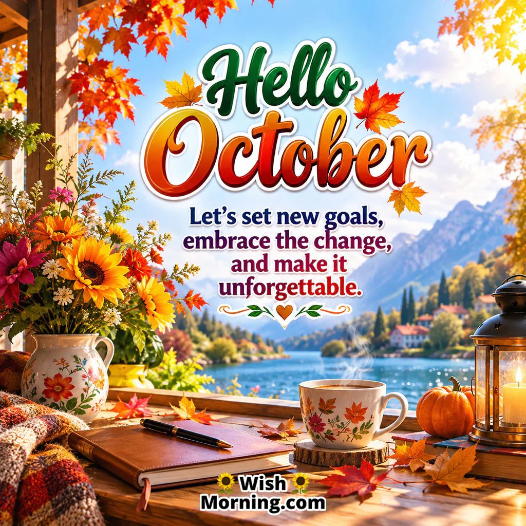 Hello October Inspirational Image featuring autumn flowers, a journal, coffee cups, pumpkins, falling leaves, and a beautiful mountain lake encouraging a fresh start.